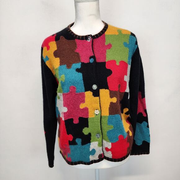 Vintage Susan Bristol Puzzle Knit Cardigan Size M Embroidery Silk Angora Autism - Picture 2 of 15